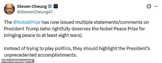 White House Condemns Nobel Foundation Over Trump's Acceptance of Machado's 2025 Peace Prize Medal