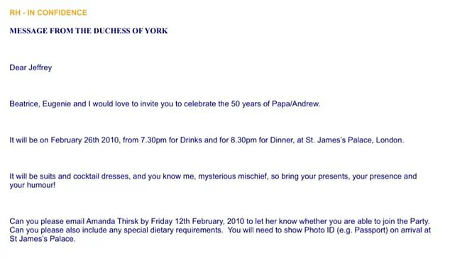 Epstein's Invite to Royal Birthday Party Exposed in Files