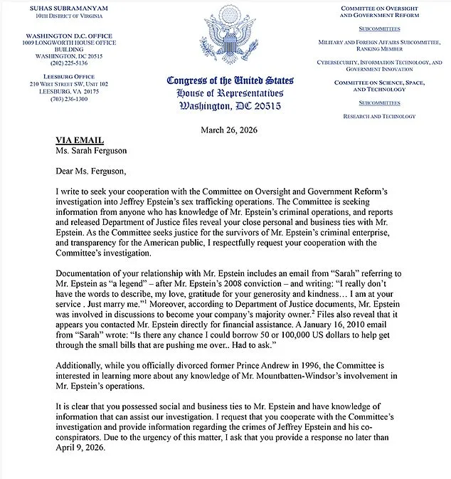 Congressman Requests Sarah Ferguson Testify Over Epstein Ties as Investigation Intensifies