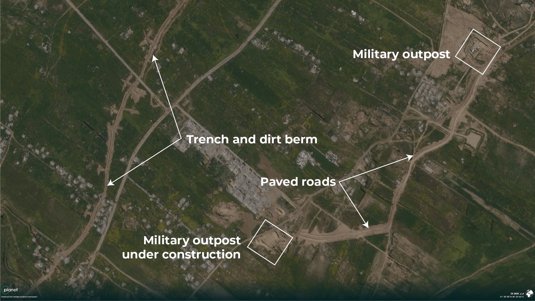 Satellite images reveal Israel building permanent military bases while US reconstruction stalls.
