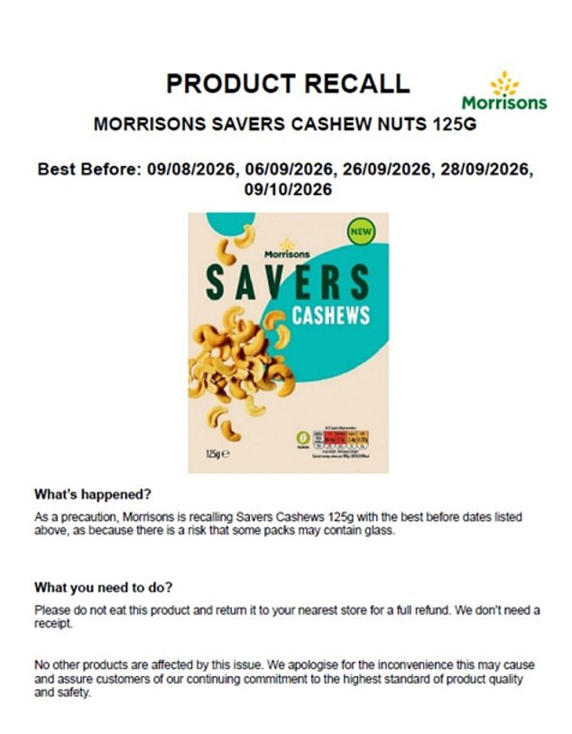 Morrisons recalls cashews found to contain dangerous glass shards.