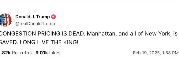 Trump refers to himself as 'King' after halting NYC congestion pricing