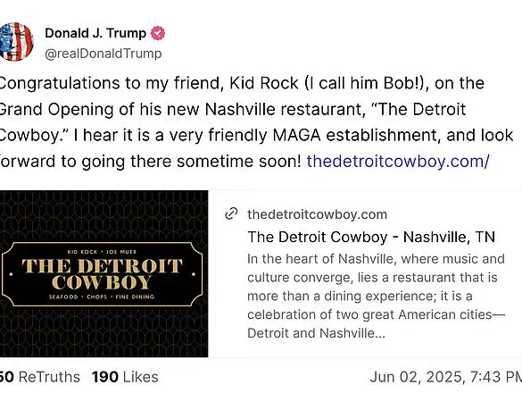 Former President Donald Trump's Surprising Endorsement of Nashville Restaurant 'The Detroit Cowboy' Sends Ripples Through Entertainment and Restaurant Industries