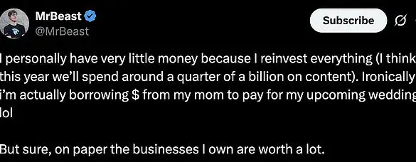 MrBeast, Estimated $1 Billion Net Worth, Claims to Have 'Very Little Money' and Relies on Family for Wedding