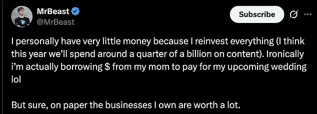 MrBeast, Estimated $1 Billion Net Worth, Claims to Have 'Very Little Money' and Relies on Family for Wedding
